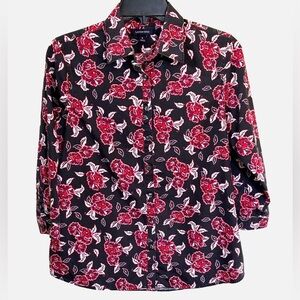 Lands End No Iron Supima Cotton Floral Button Shirt Women Size 6 Red Black